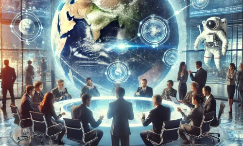 DALL·E 2025-03-25 11.14.37 - A dynamic scene showcasing global partnerships in space exploration. The image features representatives from space agencies, universities, and private